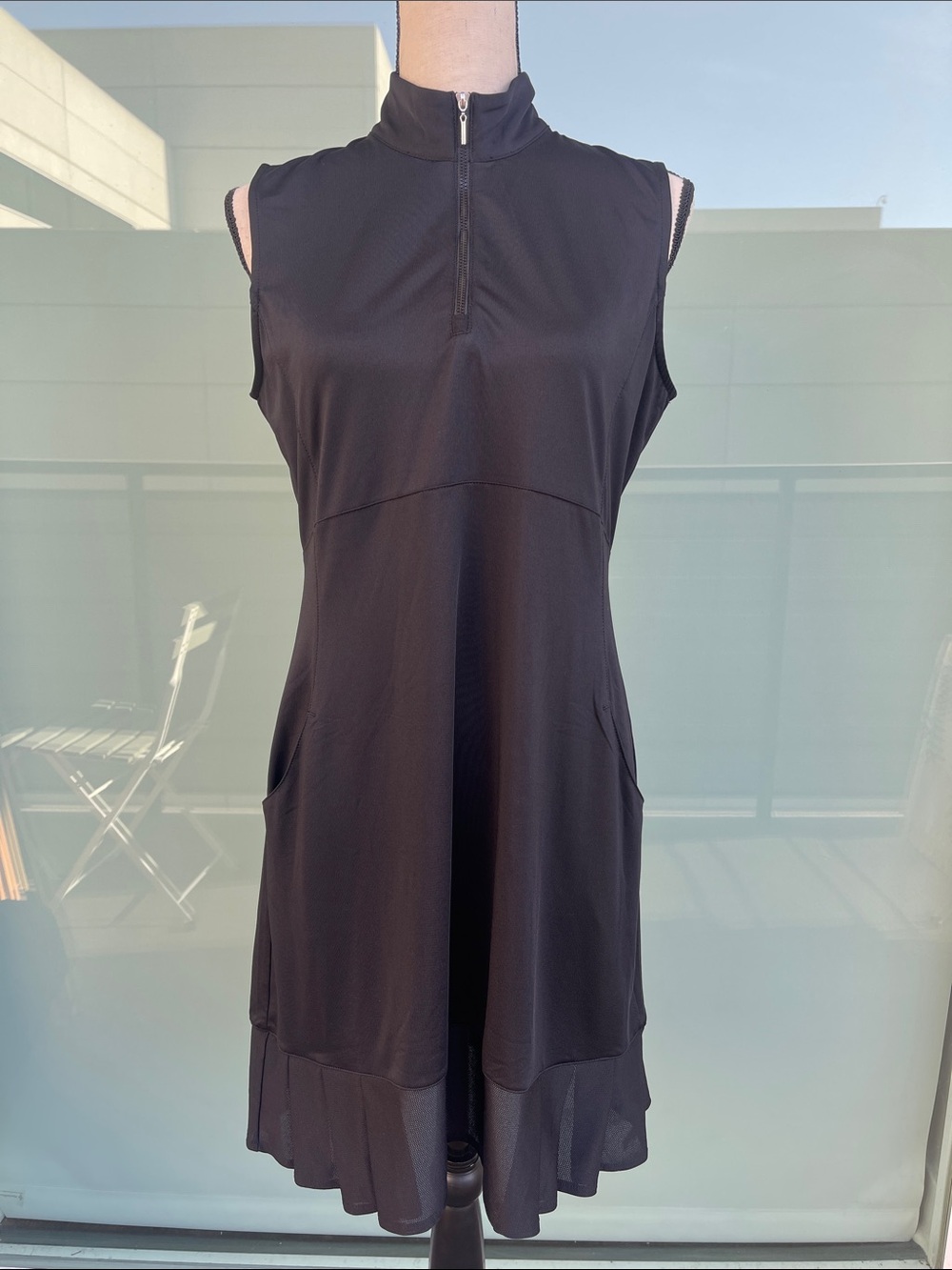 EP New York Black Athletic Midi Dress Medium Pleated Mesh Trim Quarter Zip Neck